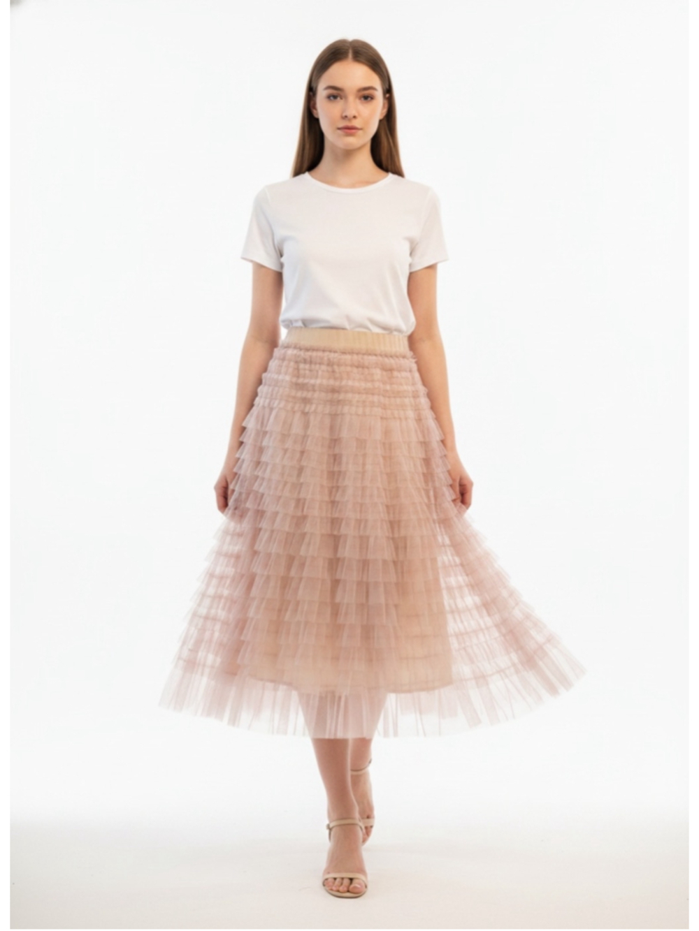 Ruffled Tulle Midi Skirt Beige Women’s Size L